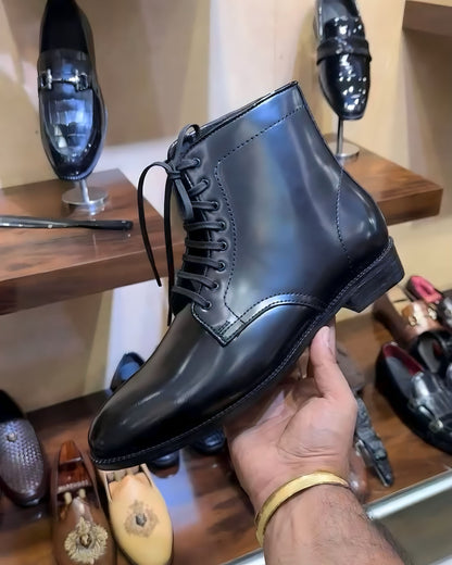Black Derby Dress Boots in Smooth Calf Leather