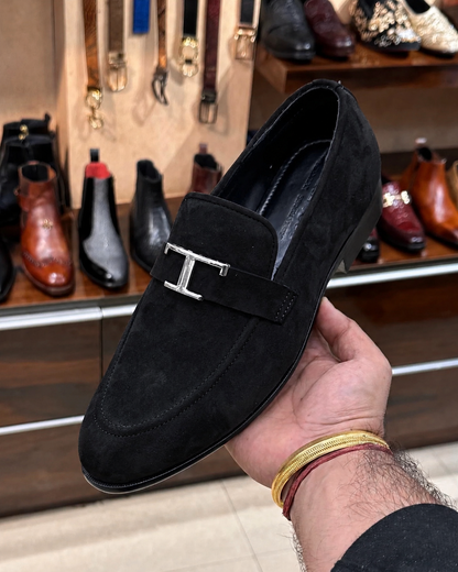 Black Suede Loafers With Silver T Buckle