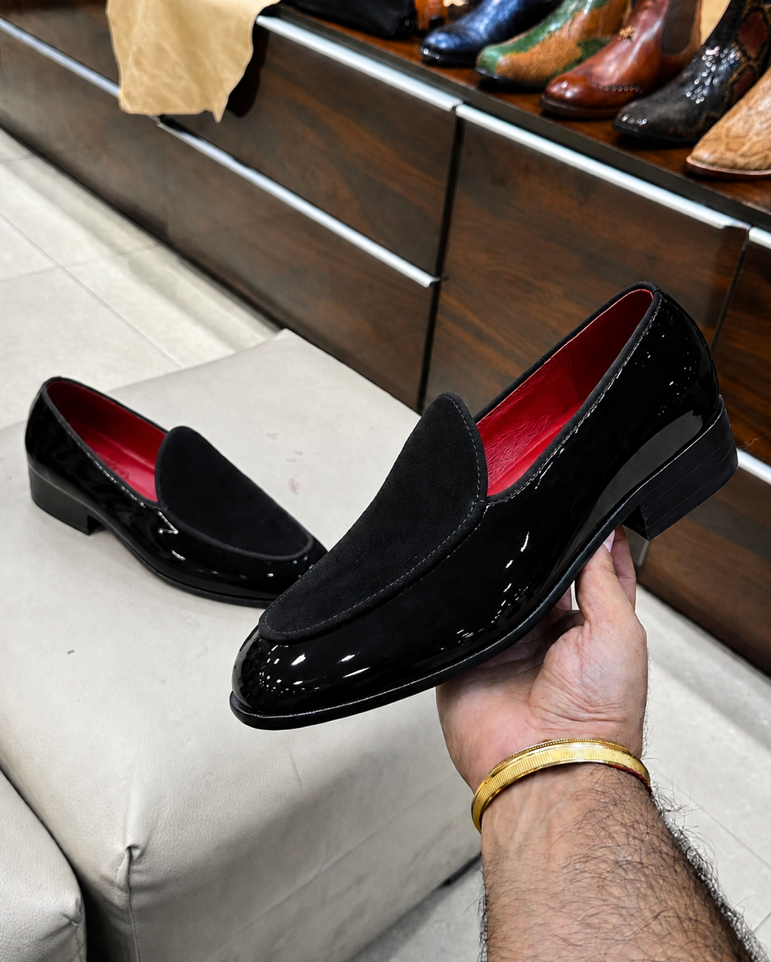 Black Patent Leather And Black Suede Belgian Loafers