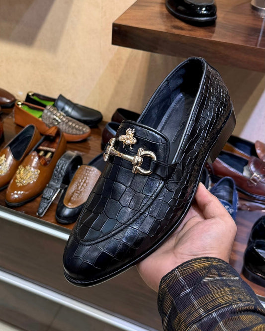 Black Crocodile Scaled Horsebit Loafers with Bee