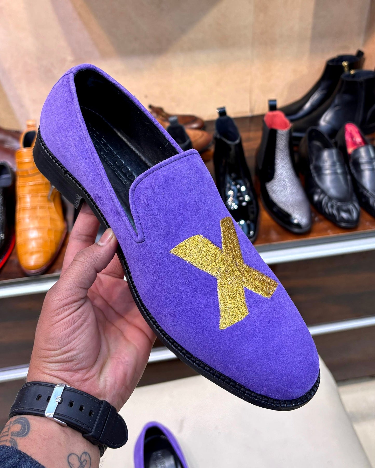 Gold “2X” Hand-embroidered Purple Suede Loafers