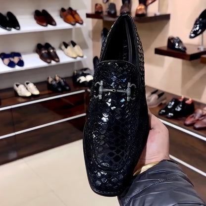 Mirror Gloss Exotic Black Snake Foil Moccasins