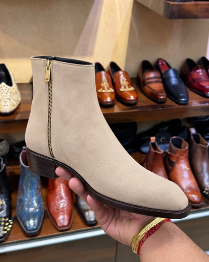 High-top Beige Suede Boots With Cuban Heel