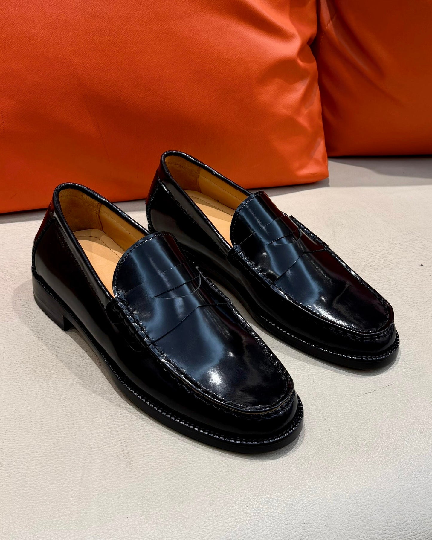 Black Smooth Calf Leather Penny Moccasins with Beige Lining