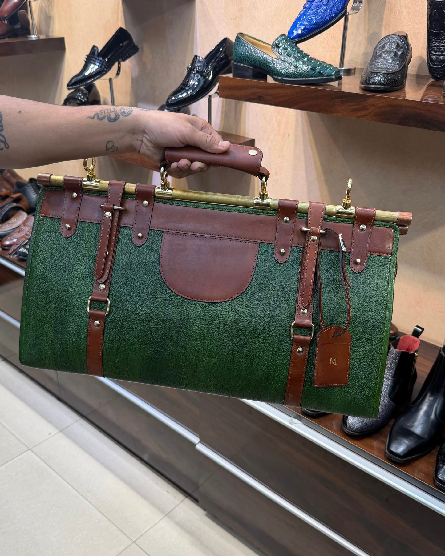 Green And Brown Duffle Bag With Zip Lock