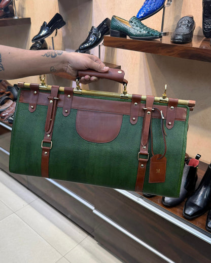Green And Brown Duffle Bag With Zip Lock