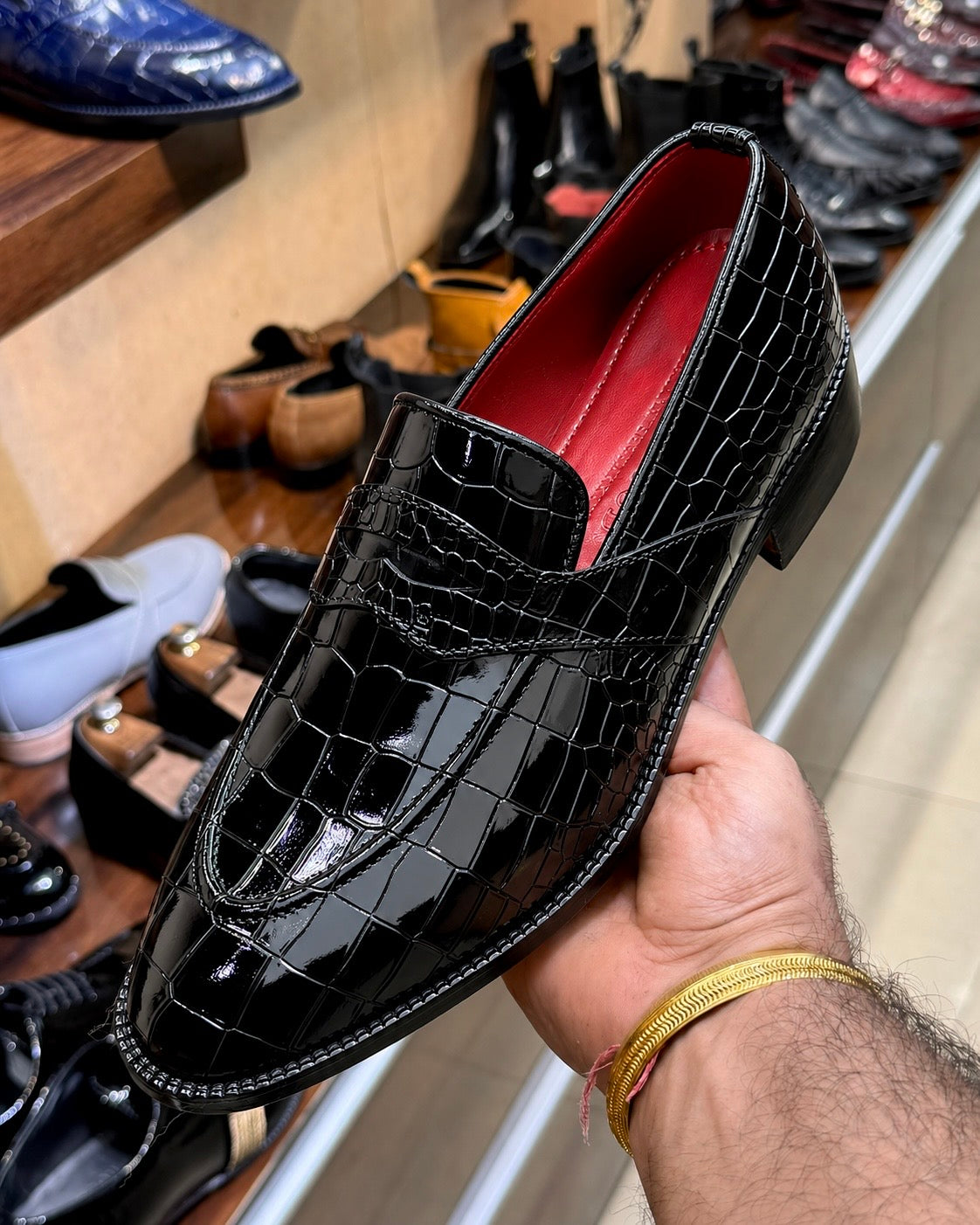 Black Patent Crocodile Full Strap Penny Loafers