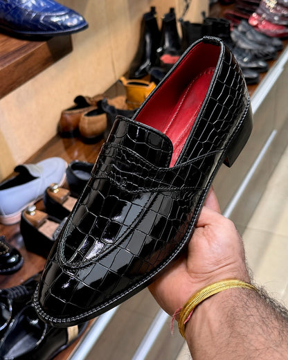 Black Patent Crocodile Full Strap Penny Loafers
