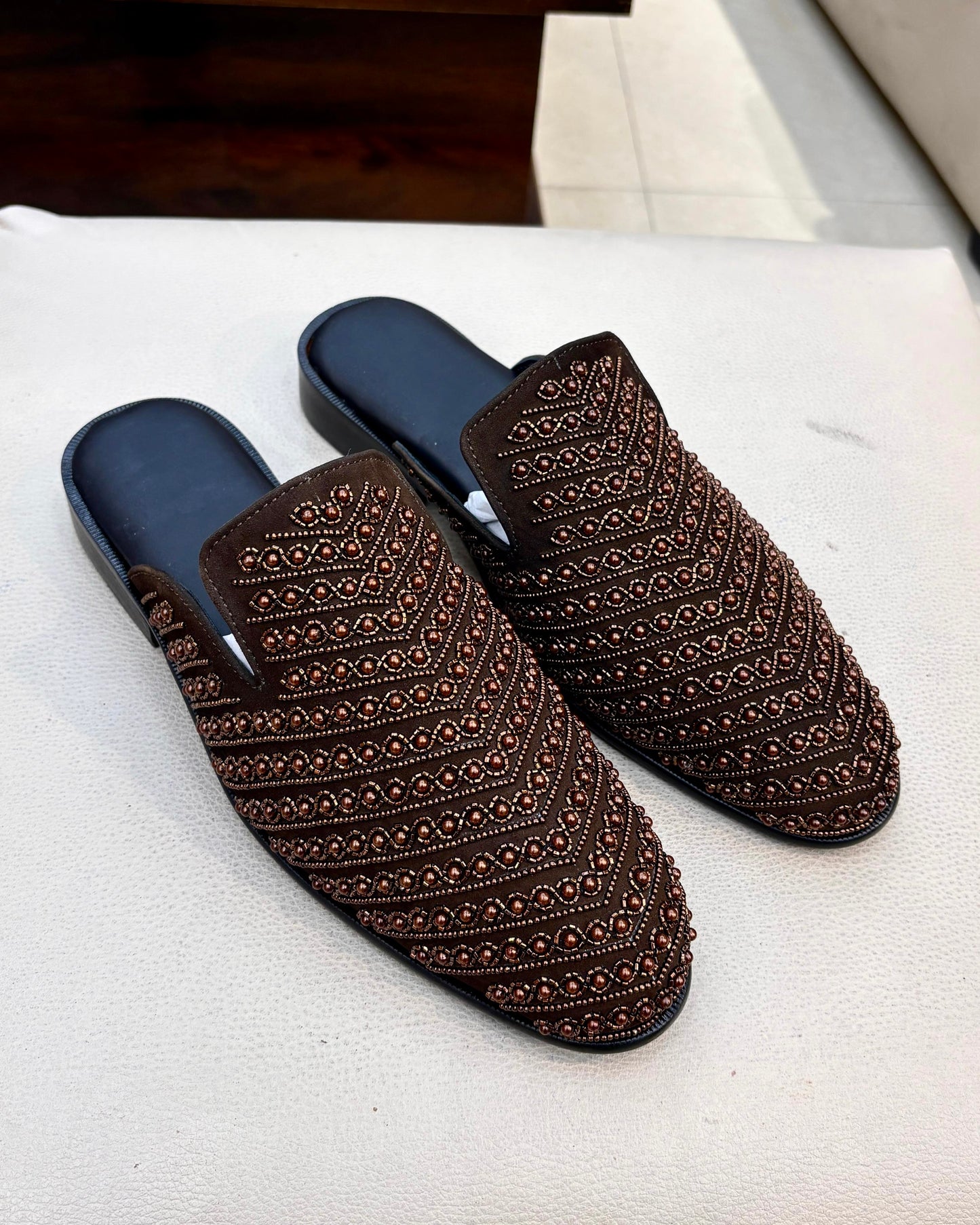 Brown Suede Hand-embroidered Mules with Leather Footbed