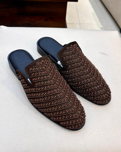 Brown Suede Hand-embroidered Mules with Leather Footbed