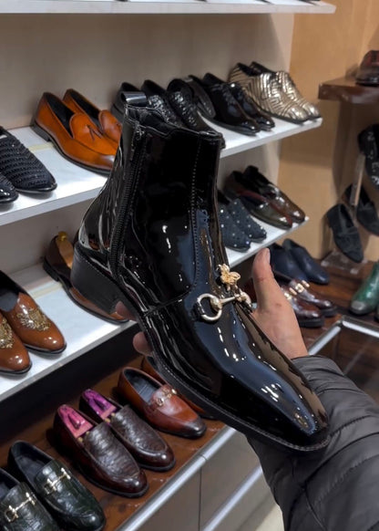 Classic Patent Zip Boots with Bee
