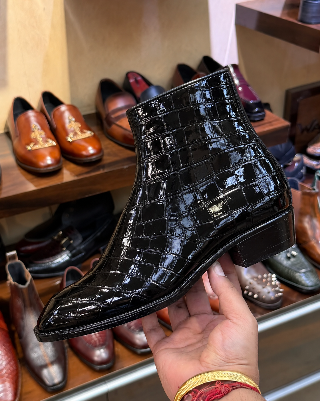 Black Patent Crocodile Zip Boots with Cuban Heel