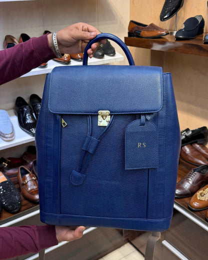 Custom Navy Blue Full Grain Leather Back Pack