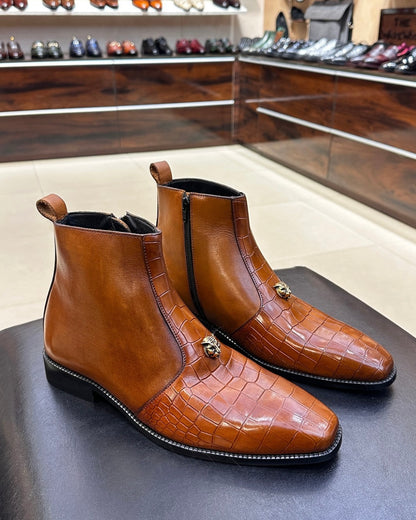 Sun Tan Patina Croco Zip Boots