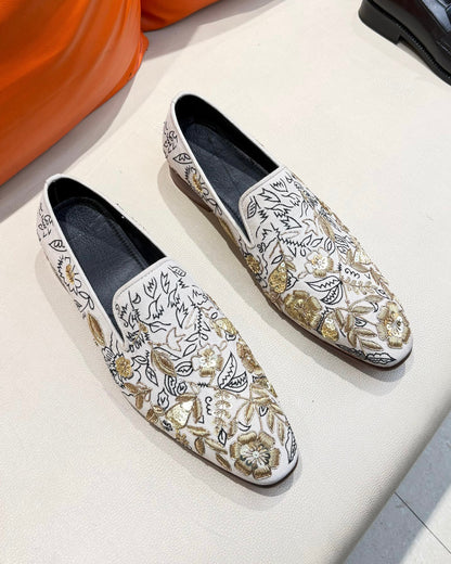 White Suede Hand-embroidered Loafers With Brown Sole