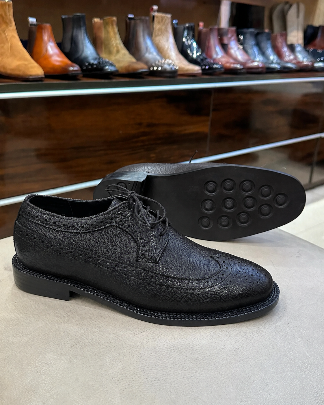 Black Full Grain Leather Brogues With Dainite Sole