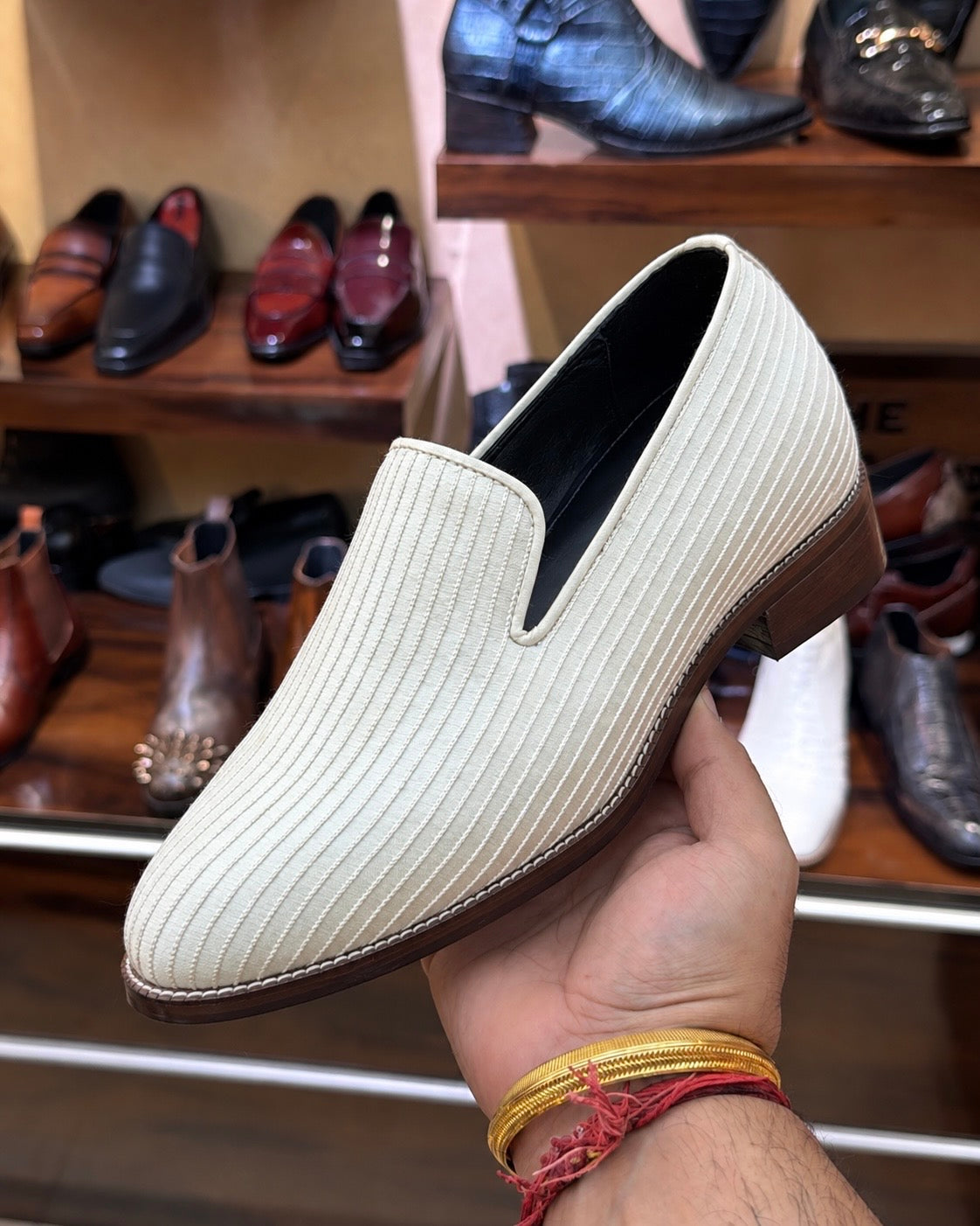 Cream Raw Silk Thread Design Loafers with Brown Sole