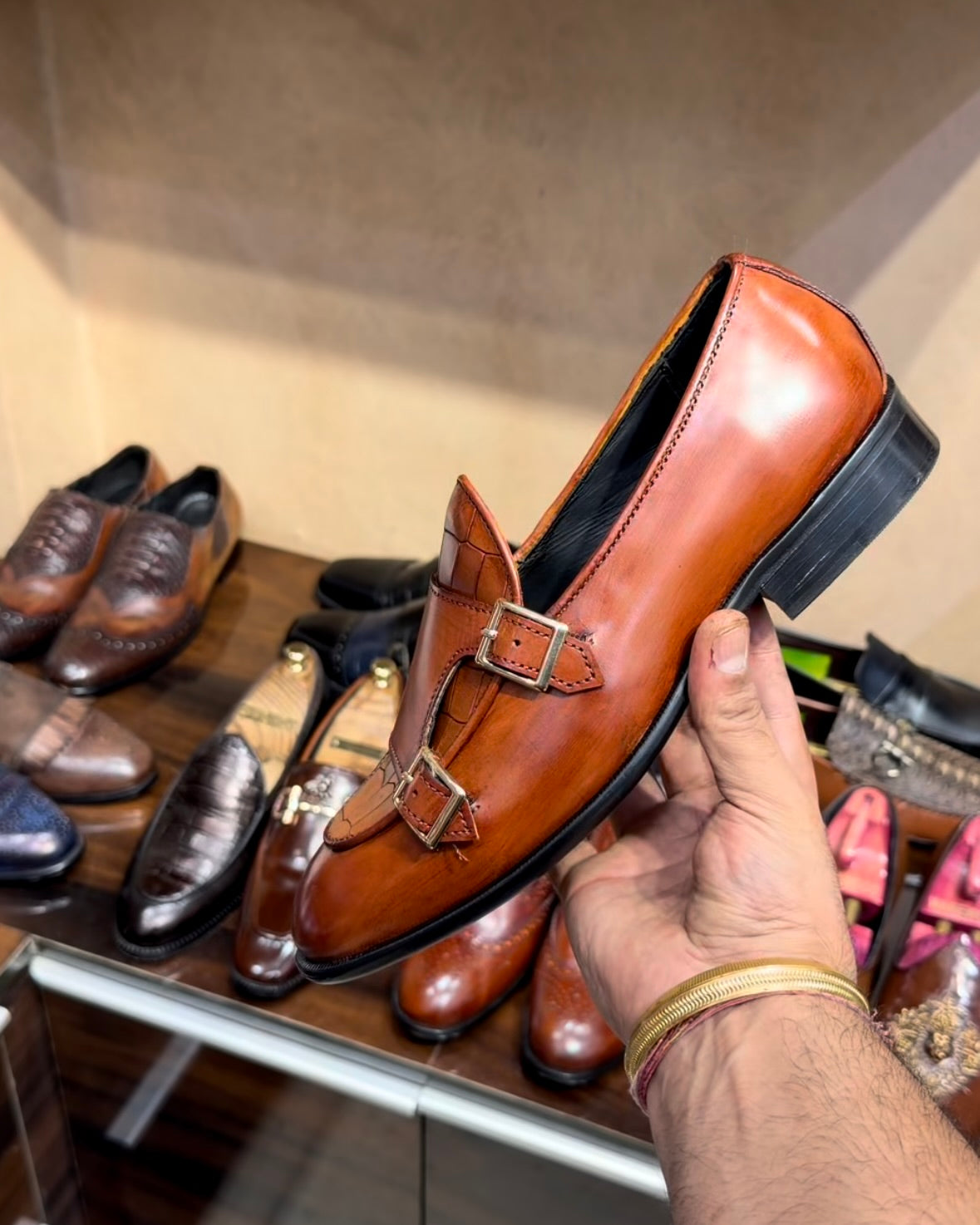 Tan Croco Patina Double Monk Loafers