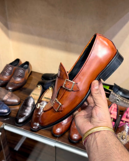 Tan Croco Patina Double Monk Loafers