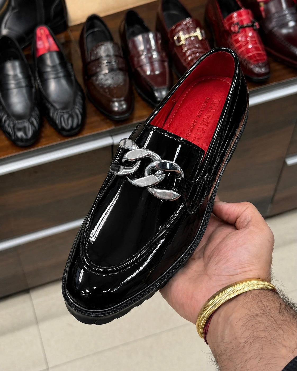 Black Patent Leather Silver Chain Buckle Loafers With Lug Sole And Red Interior