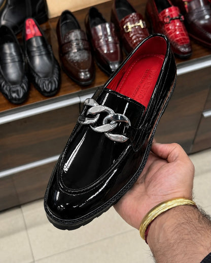 Black Patent Leather Silver Chain Buckle Loafers With Lug Sole And Red Interior
