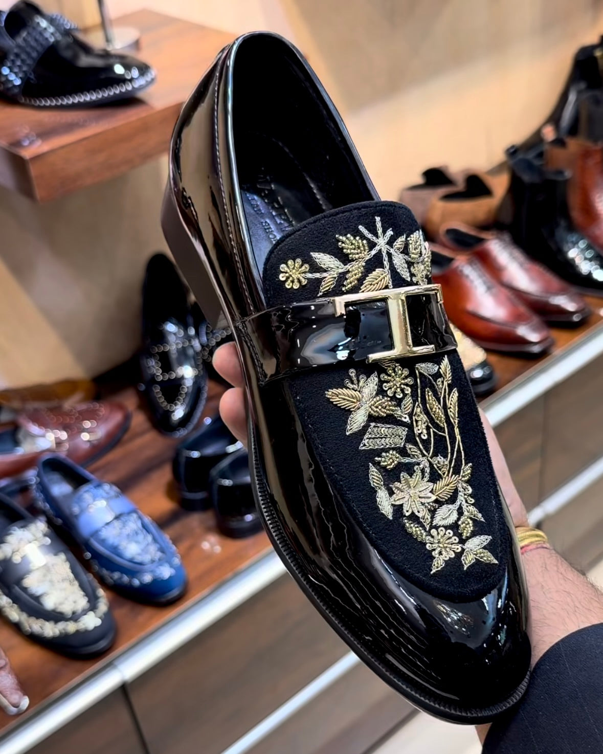 Black Patent Leather Gold Hand-embroidered Spectator Loafers