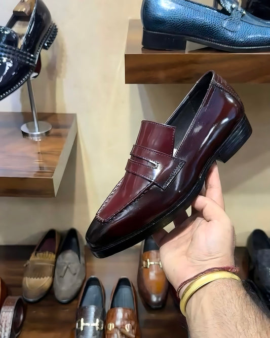 Two-tone Mirror Gloss Burgundy Penny Loafers