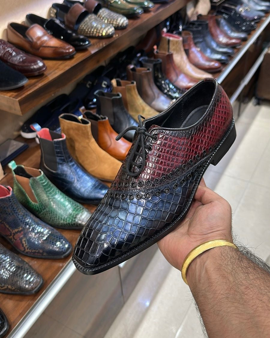 Two-tone Crocodile Scaled Eyelit Oxfords
