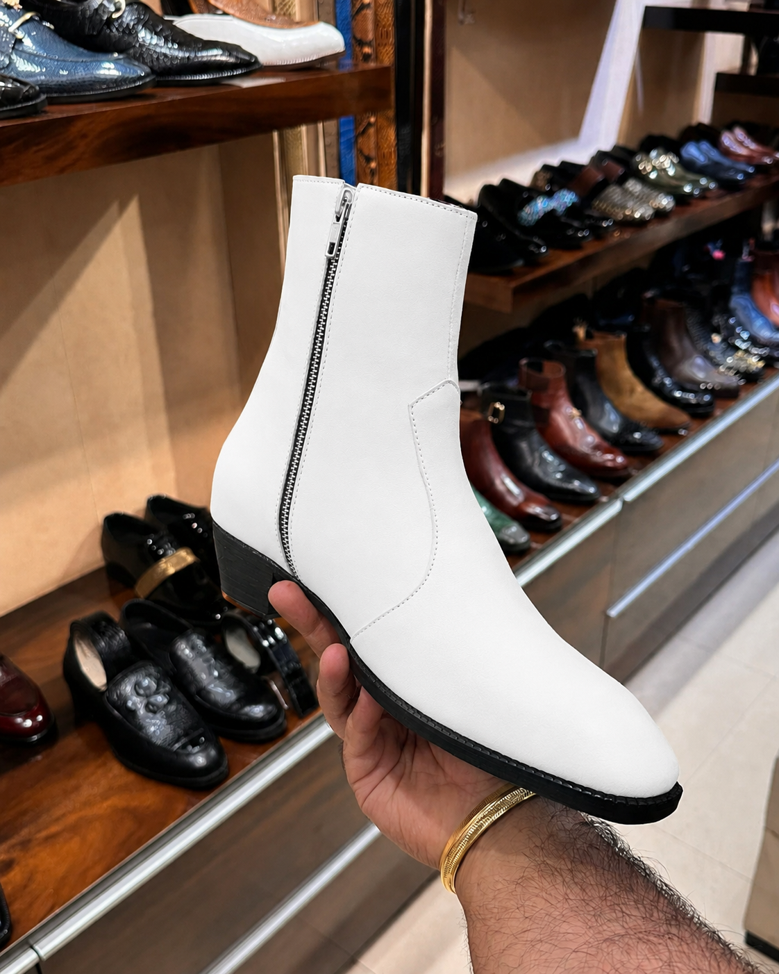 White Cuban Heel Boots With Zip