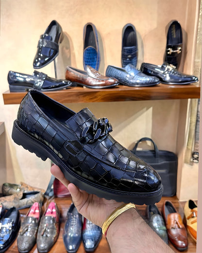 Black Smooth Crocodile Scaled Boot Sole Moccasins