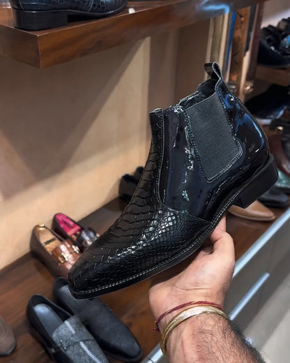 Black Mirror Gloss Cobra Scaled Low-top Zip Boots