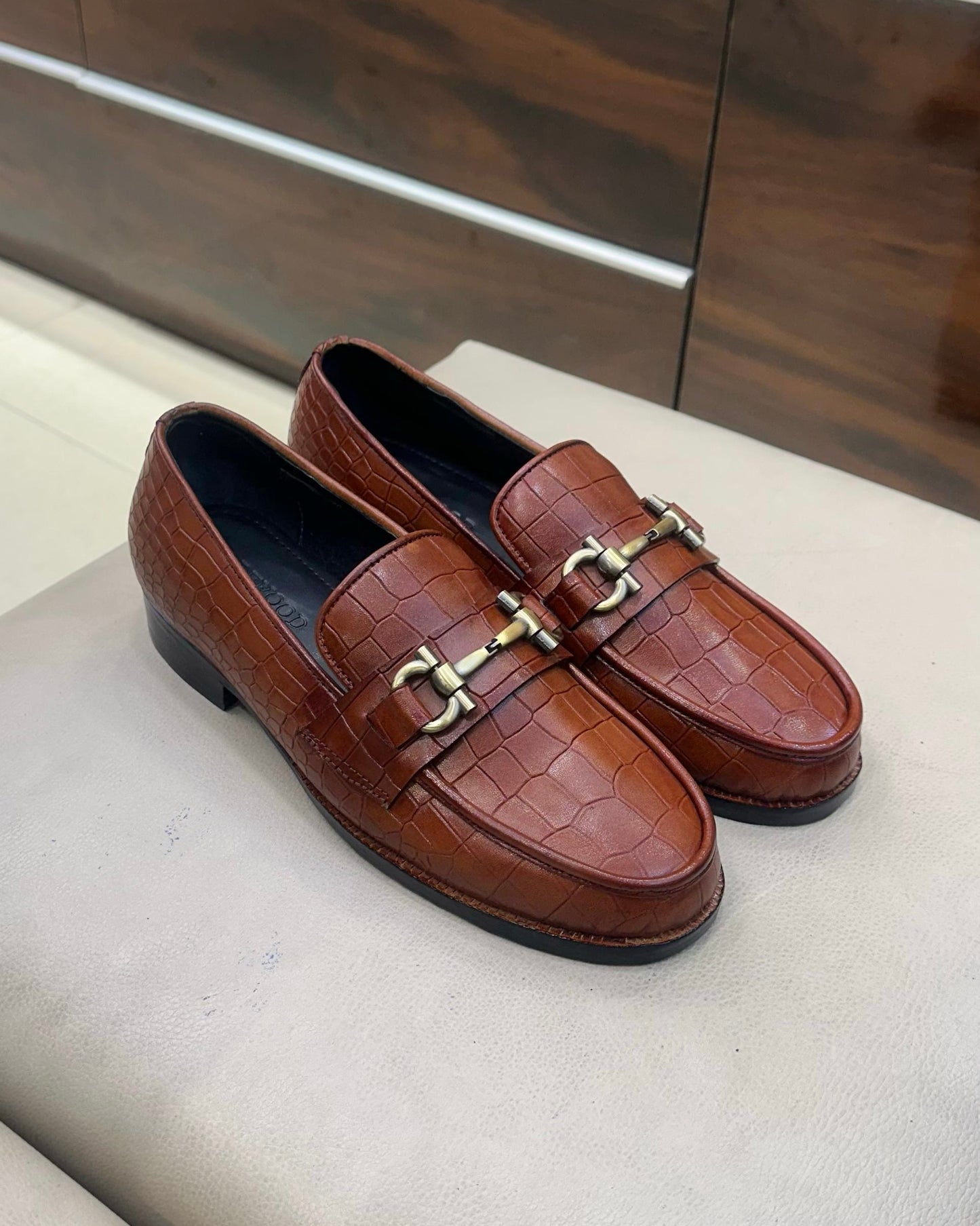 Tan Crocodile Scaled Horsebit Moccasins