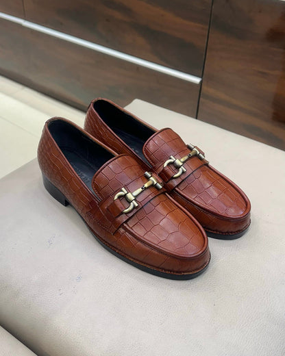 Tan Crocodile Scaled Horsebit Moccasins