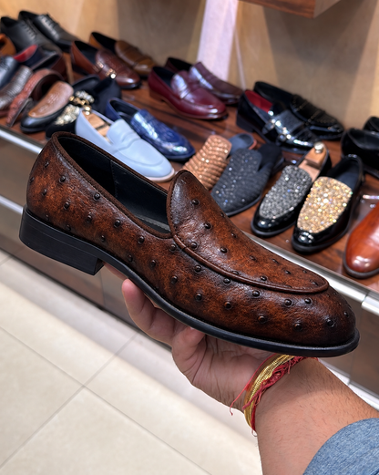 Smokey Brown Real Ostrich Skin Belgian Loafers
