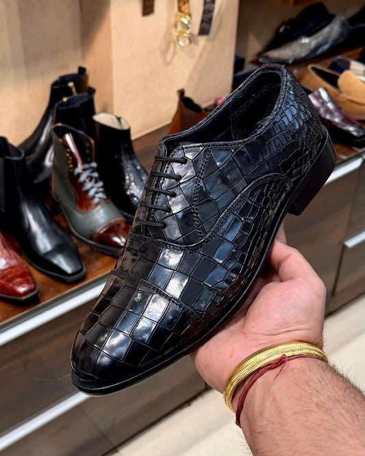 Black Smooth Crocodile Scaled Cap Toe Oxfords