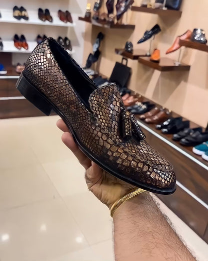 Exotic Gold Snake Foil Tassel Moccasins