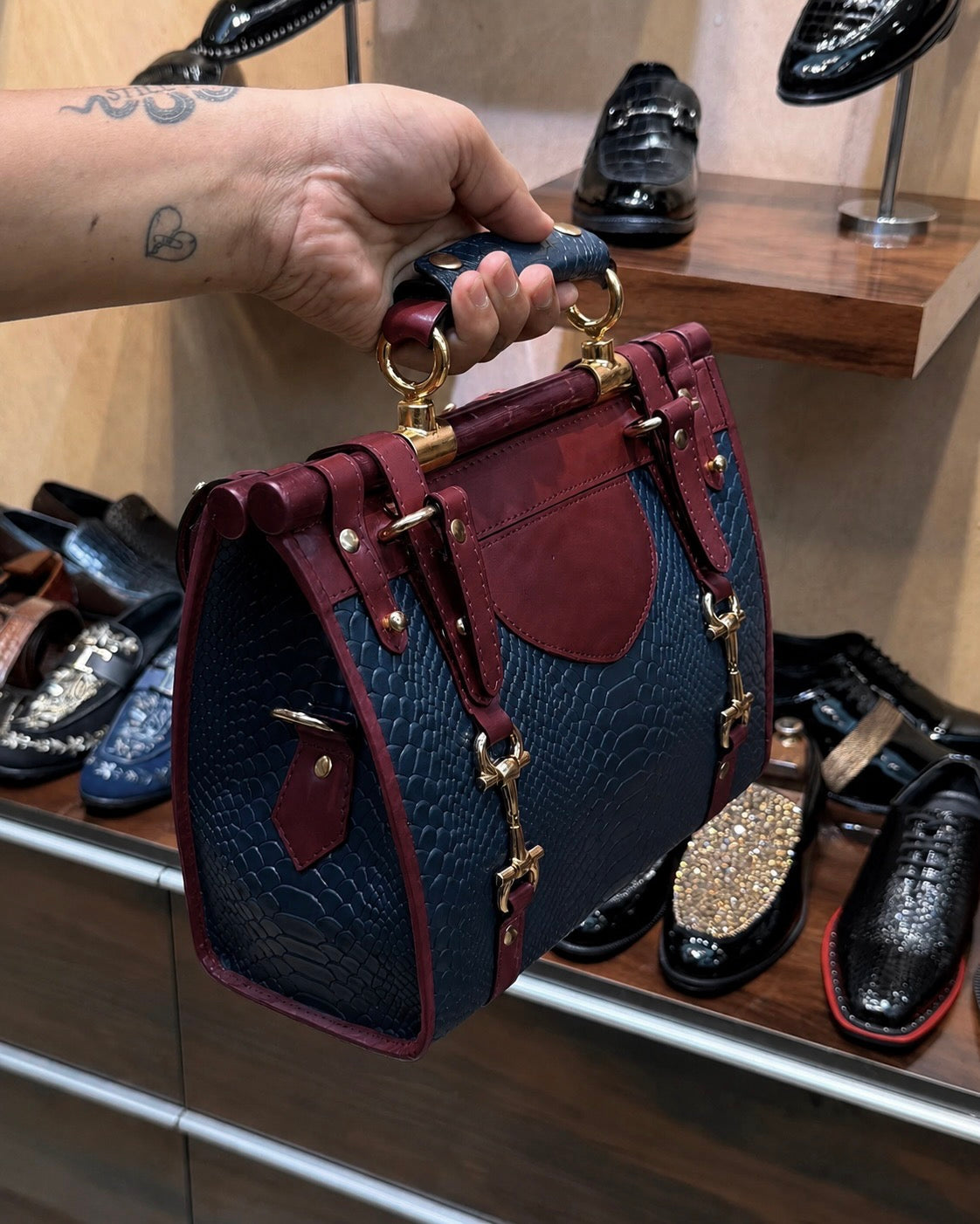 Navy Blue And Burgundy Handbag