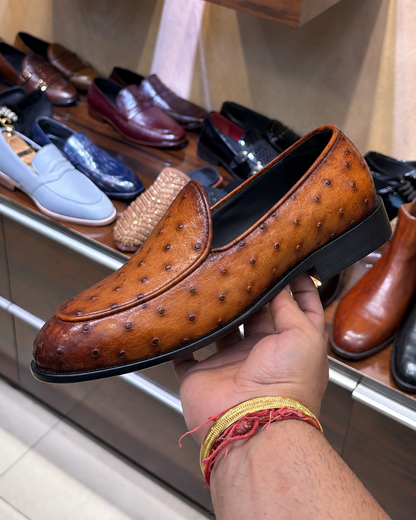 Burnished Tan Real Ostrich Skin Belgian Loafers