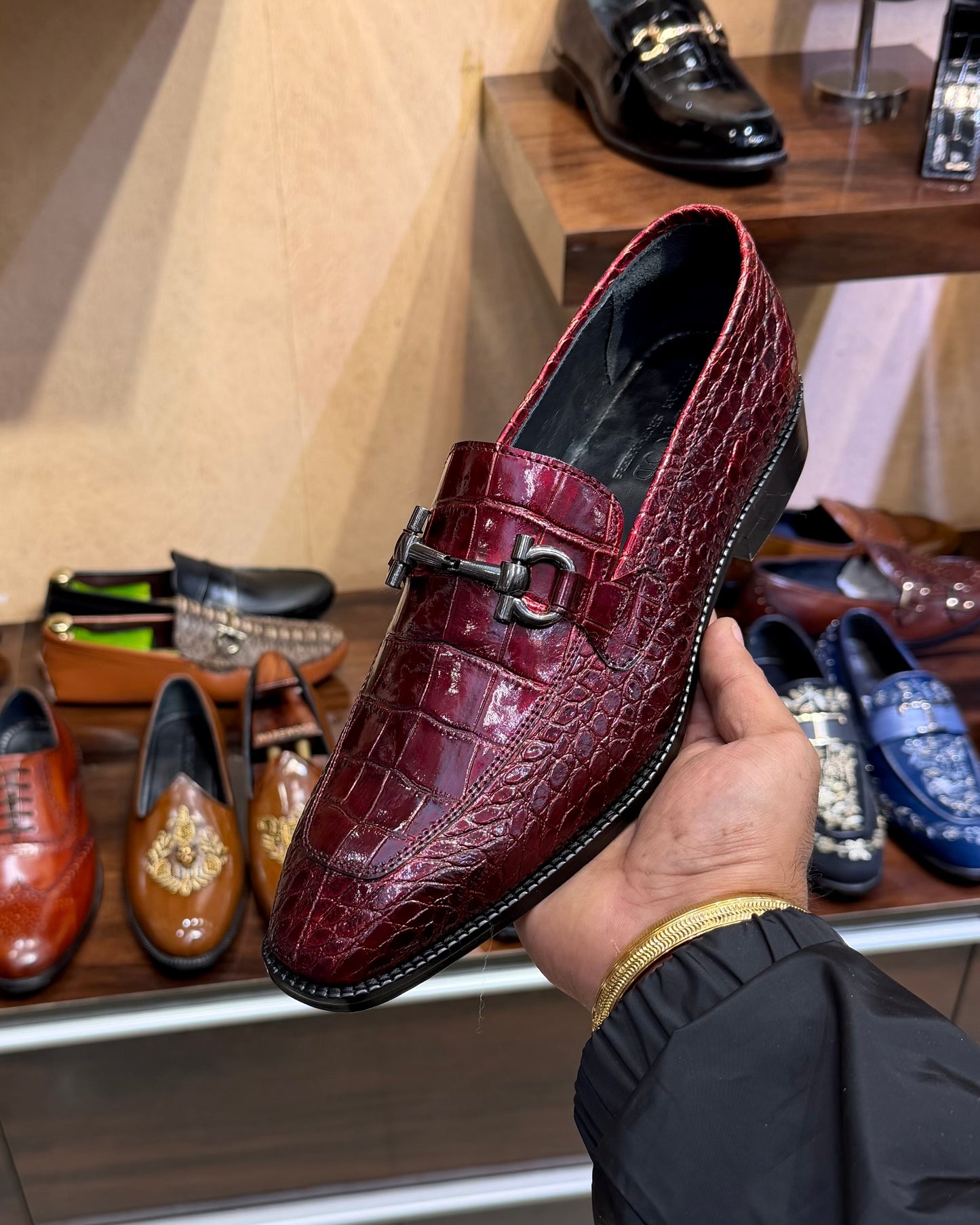 Burgundy Patent Crocodile Horsebit Loafers