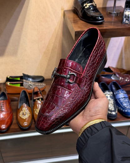 Burgundy Patent Crocodile Horsebit Loafers