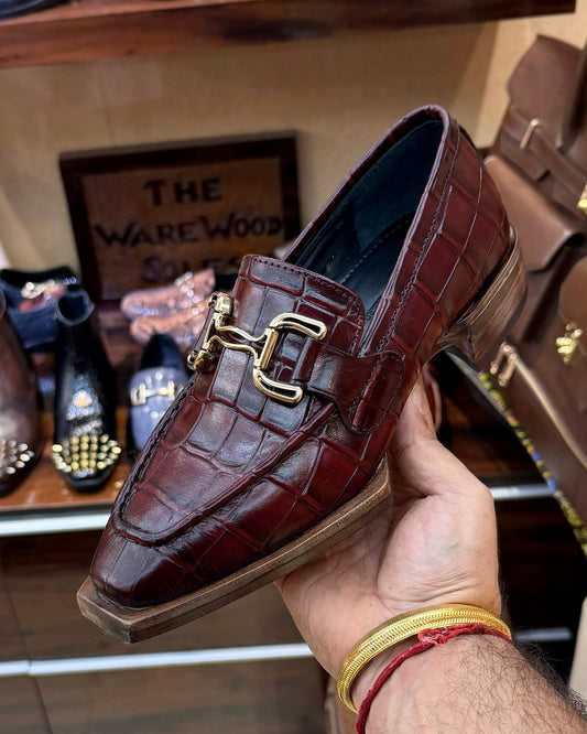 Burgundy Croco Horsebit Loafers with Italian Cut Leather Sole