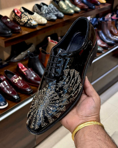 Black Patent Leather Gold Hand-embroidered Oxfords