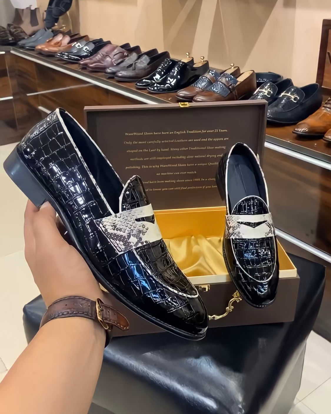 Black Patent Croco Python Strap Slip-ons