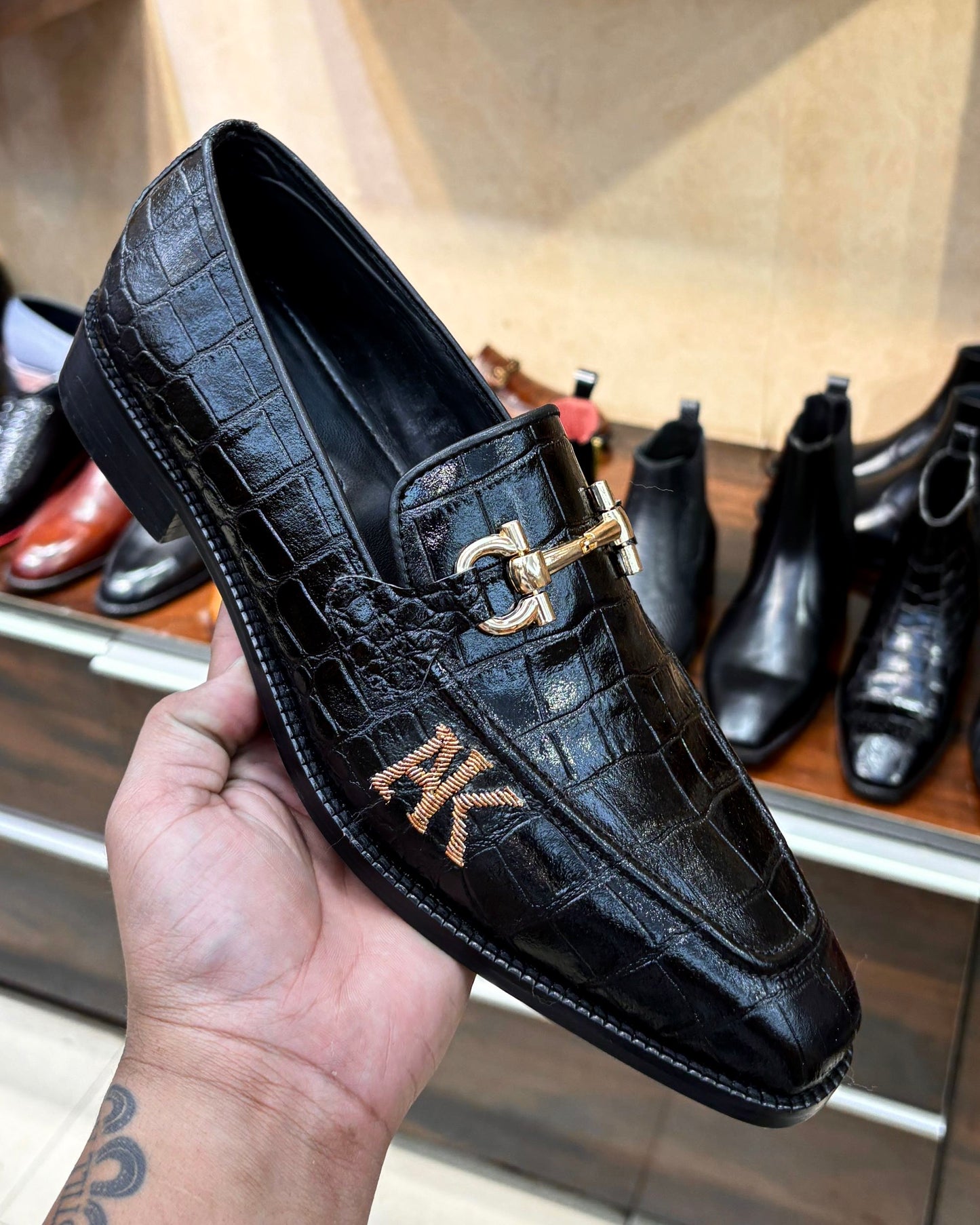 Black Italian Smooth Croco Gold Horsebit Loafers with “AK” Initials