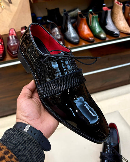 Black Tux Oxfords with Kutdana Embroidered Strap & Red Lining