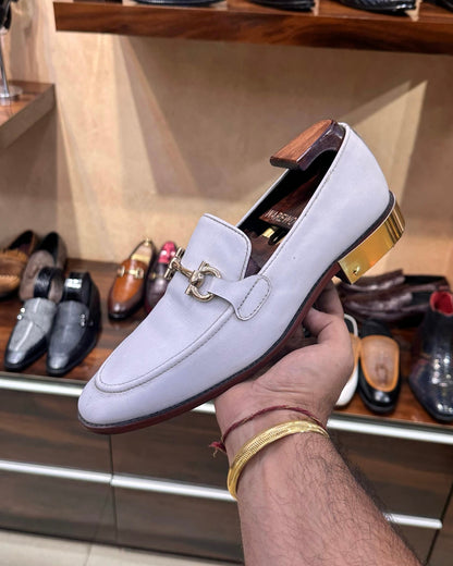 Custom-made White Leather Gold Heel Loafers