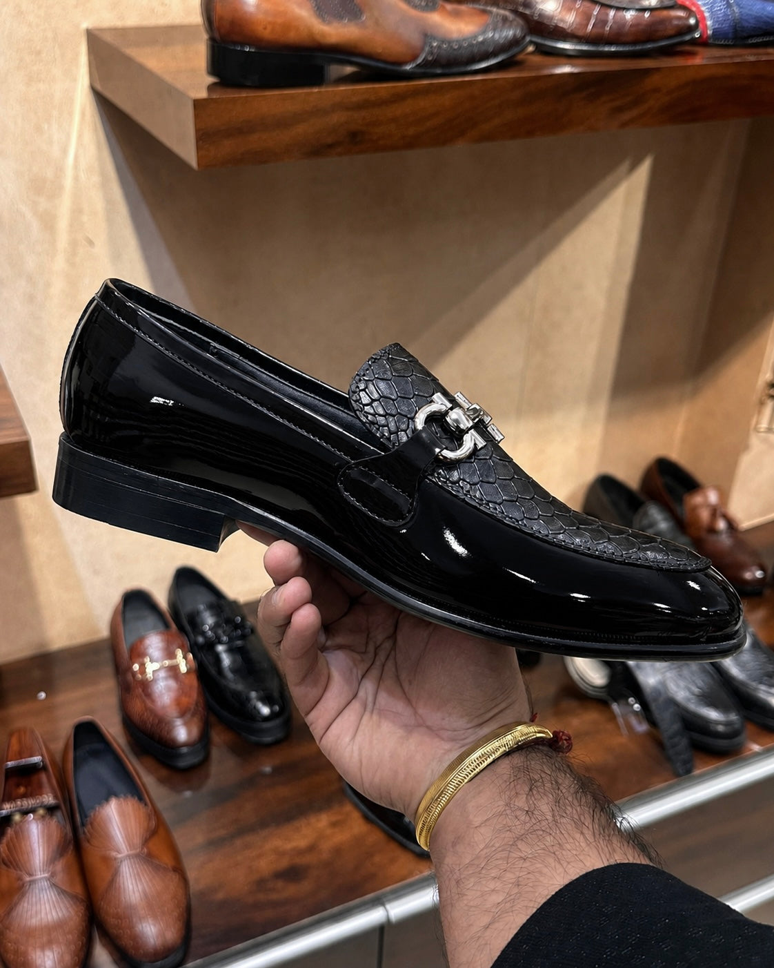 Black Patent Leather & Cobra Scaled Silver Horsebit Loafers