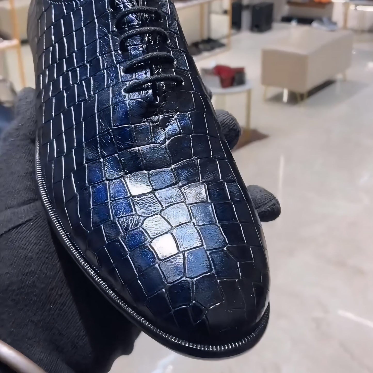 Midnight Blue Crocodile Scaled Leather Oxfords