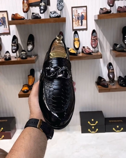 Black Patent Cobra Scaled Loafers with Chain Buckle