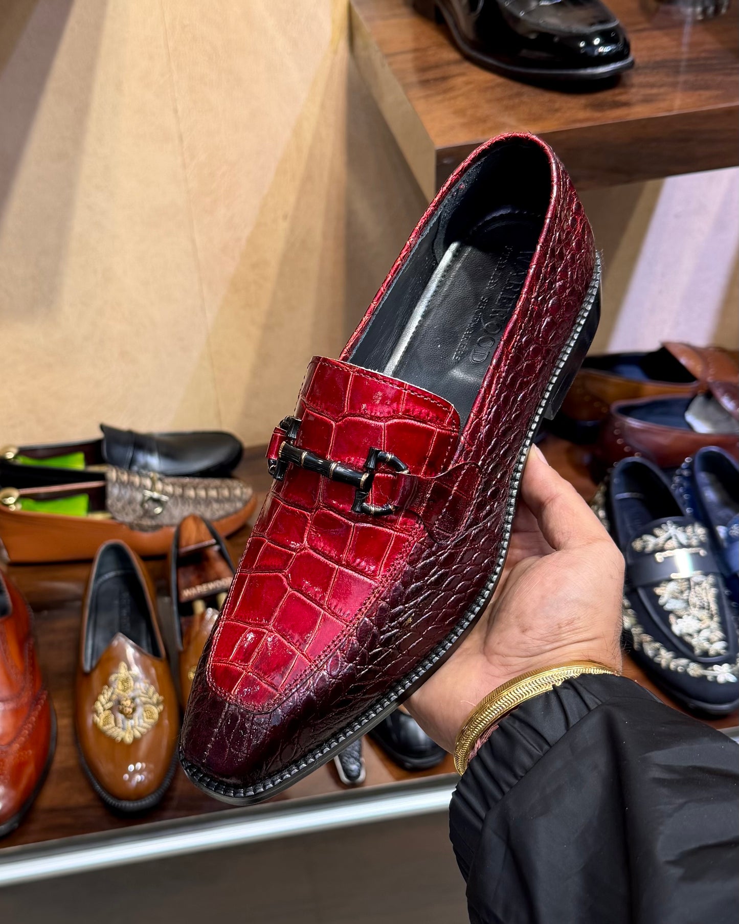 Burgundy & Red Patent Crocodile Horsebit Loafers